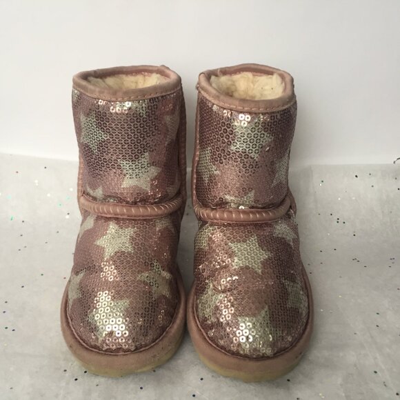 Ugg Kids Classic Short Suede Pink Sequin Stars Boot II - Size 6 Shearling Lined - Picture 3 of 11